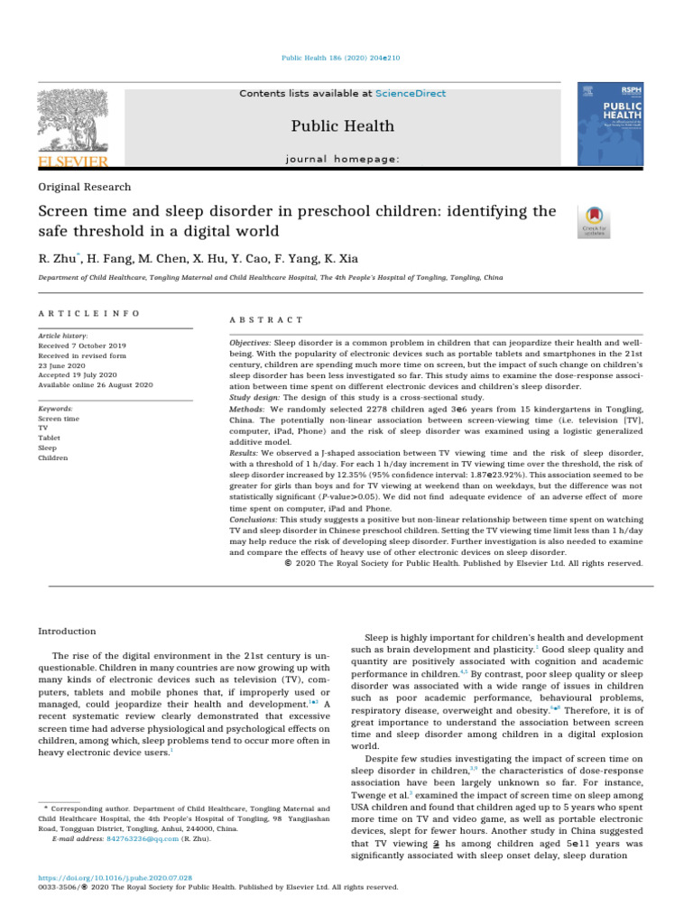 Screen Time and Sleep Disorder in Preschool Children | PDF