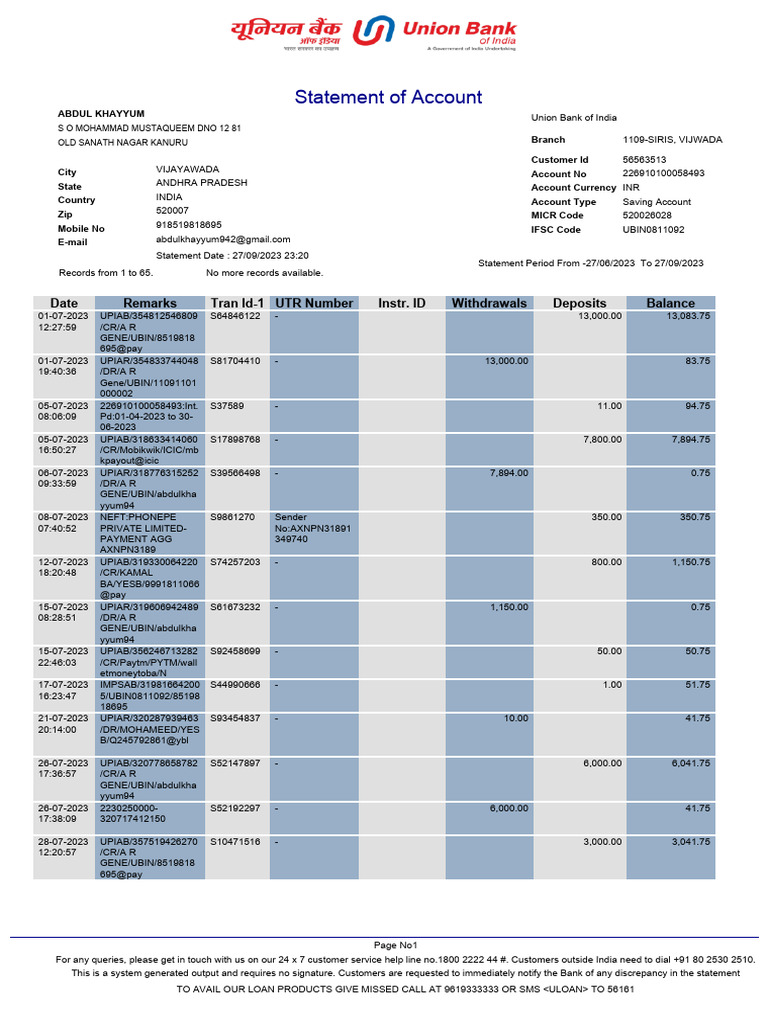 Bank Account Statement PDF