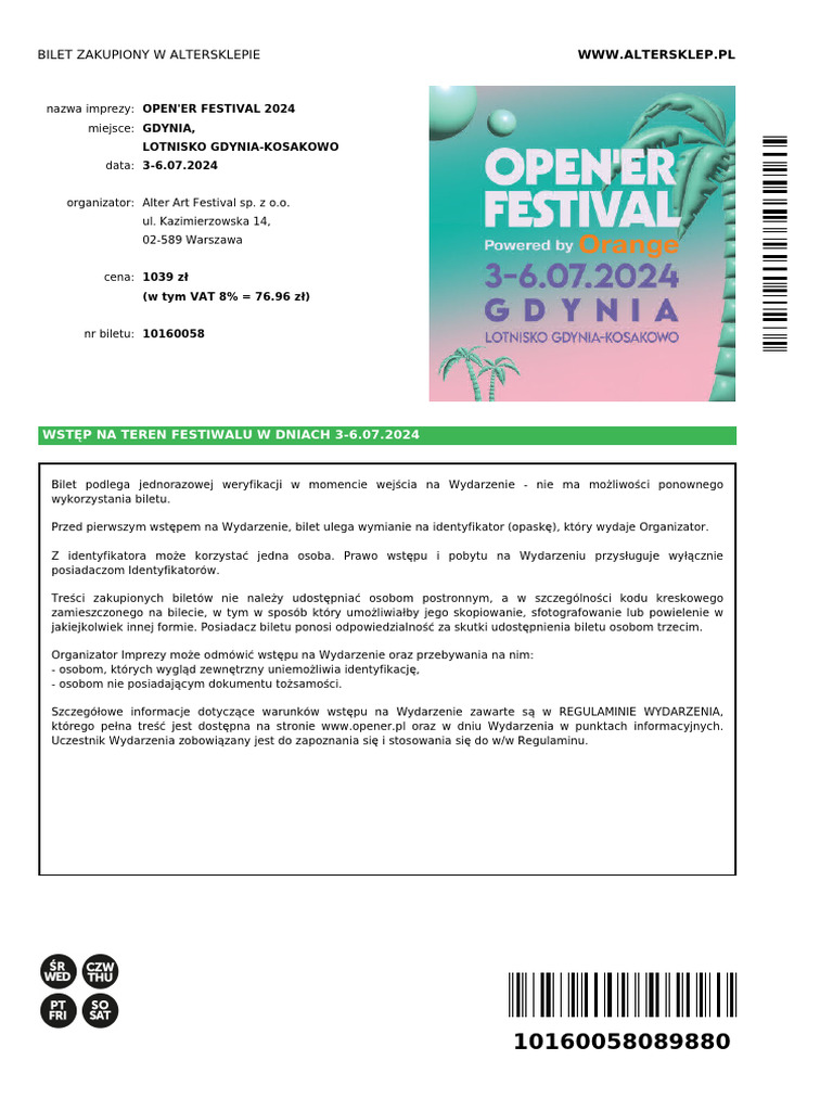 Open'er Festival 2024 Ticket Info | PDF