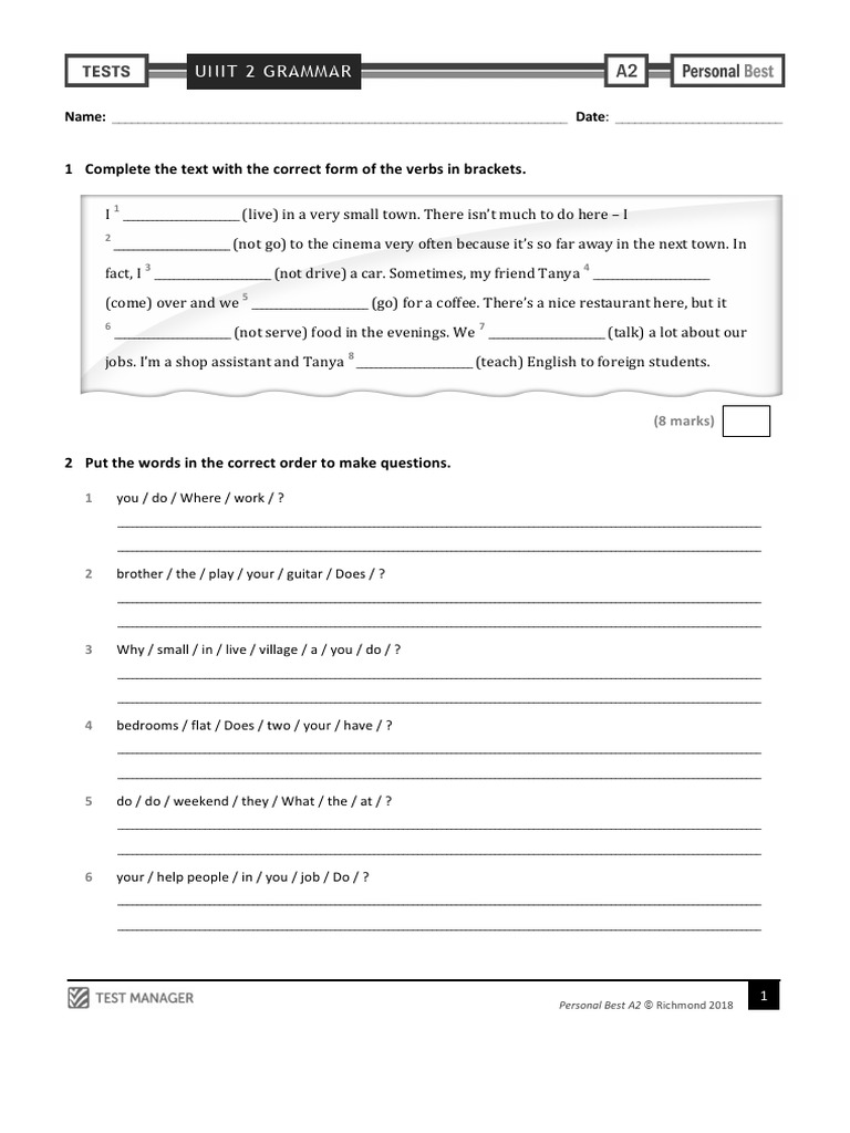 Personal Best A2 Unit 2 Grammar Test | PDF