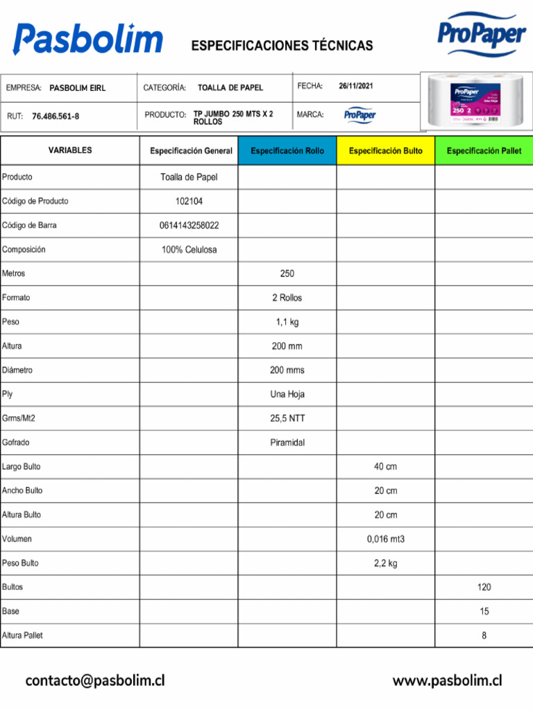 Ficha Tecnica Toalla 250 X 2 Pro Paper Pasbolim | PDF