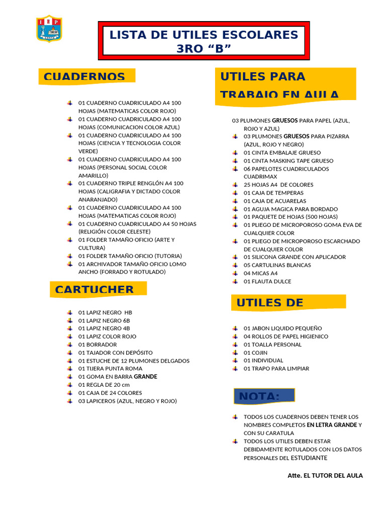 Lista de útiles escolares 3ro B | PDF | Trabajo de oficina | Papelería