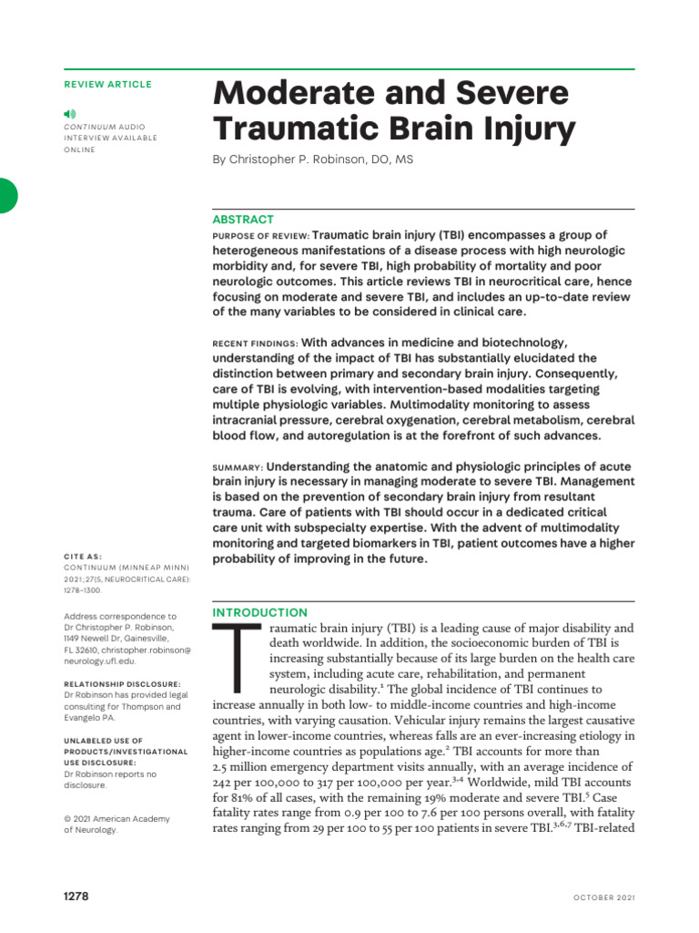 Moderate and Severe Traumatic Brain Injury.7 | PDF