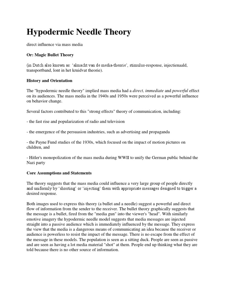 Hypodermic Needle Theory Psychology Behavioural Sciences