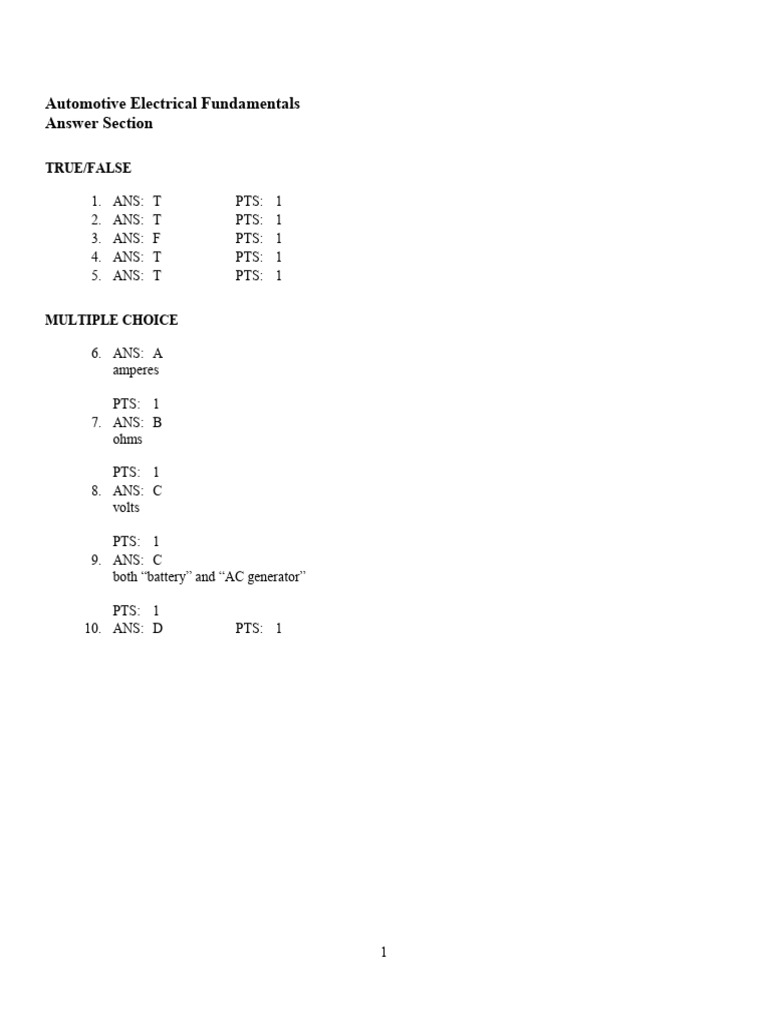 Automotive Electrical Fundamentals Answers | PDF