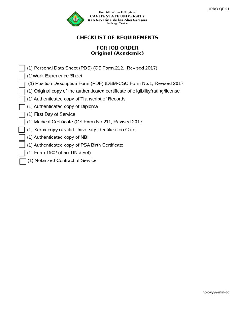 CVSU Job Order Requirements Checklist | PDF | Document | Finance ...