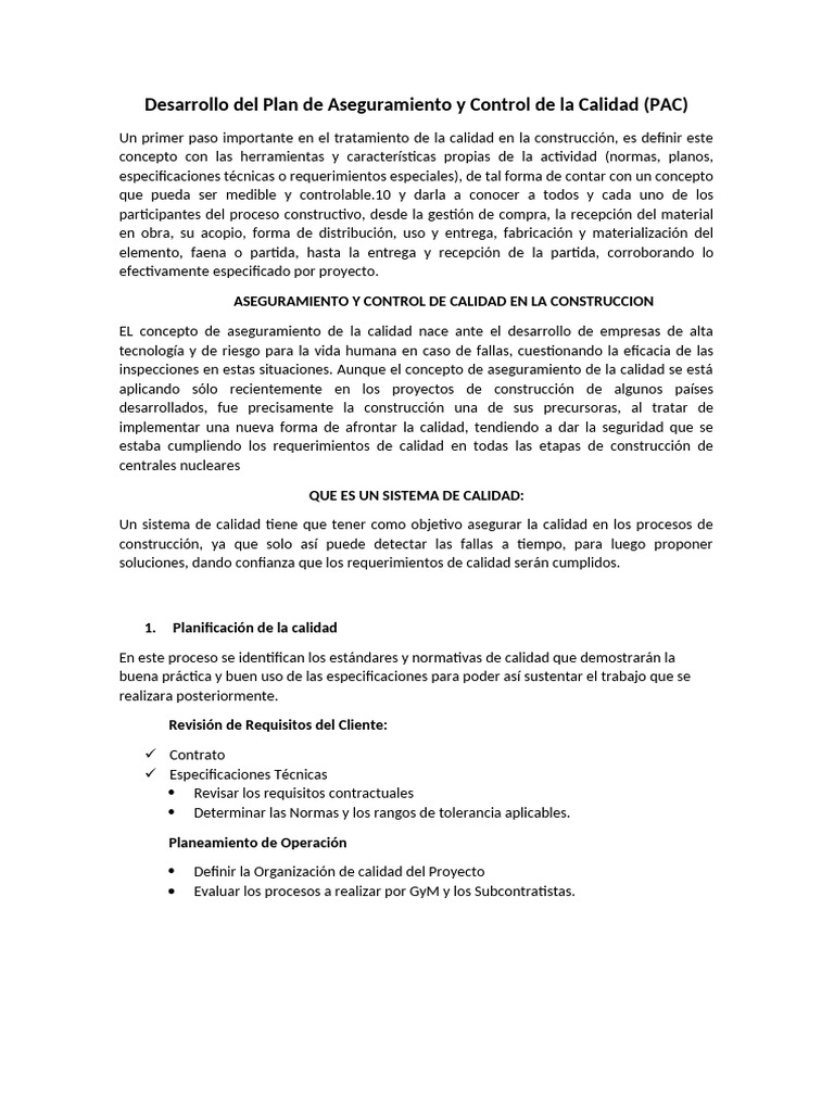 Desarrollo Del Plan de Aseguramiento y Control de La Calidad | PDF