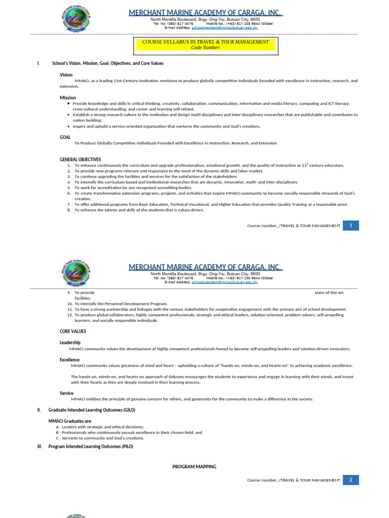 Travel & Tour Management Course Syllabus | PDF | Learning | Tourism