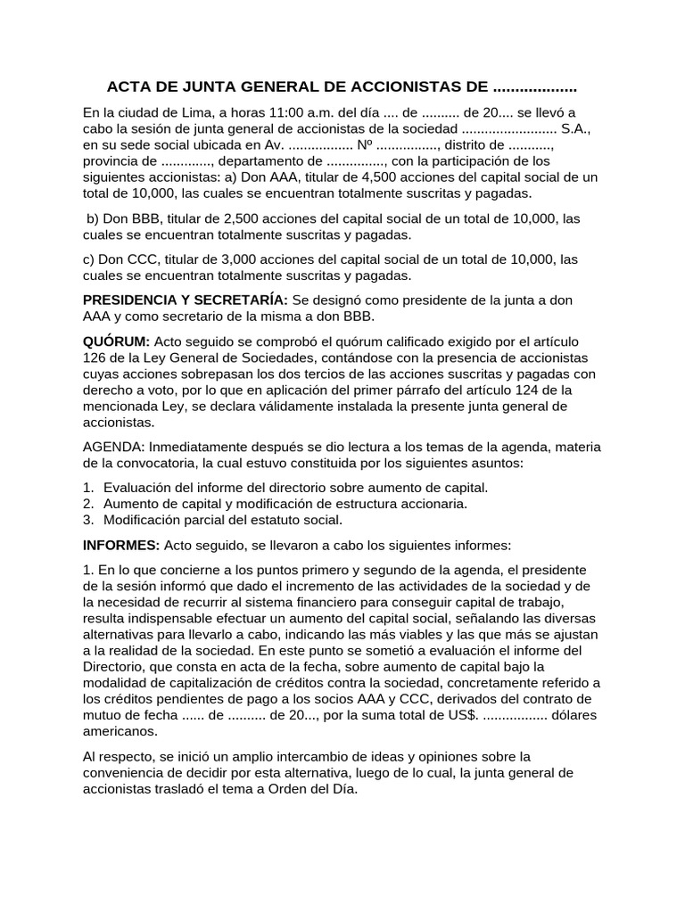 Acta de Junta General de Accionistas | PDF