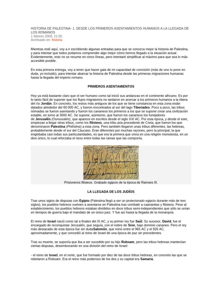 Historia de Palestina1 Desde Los Primeros Asentamientos Hasta La