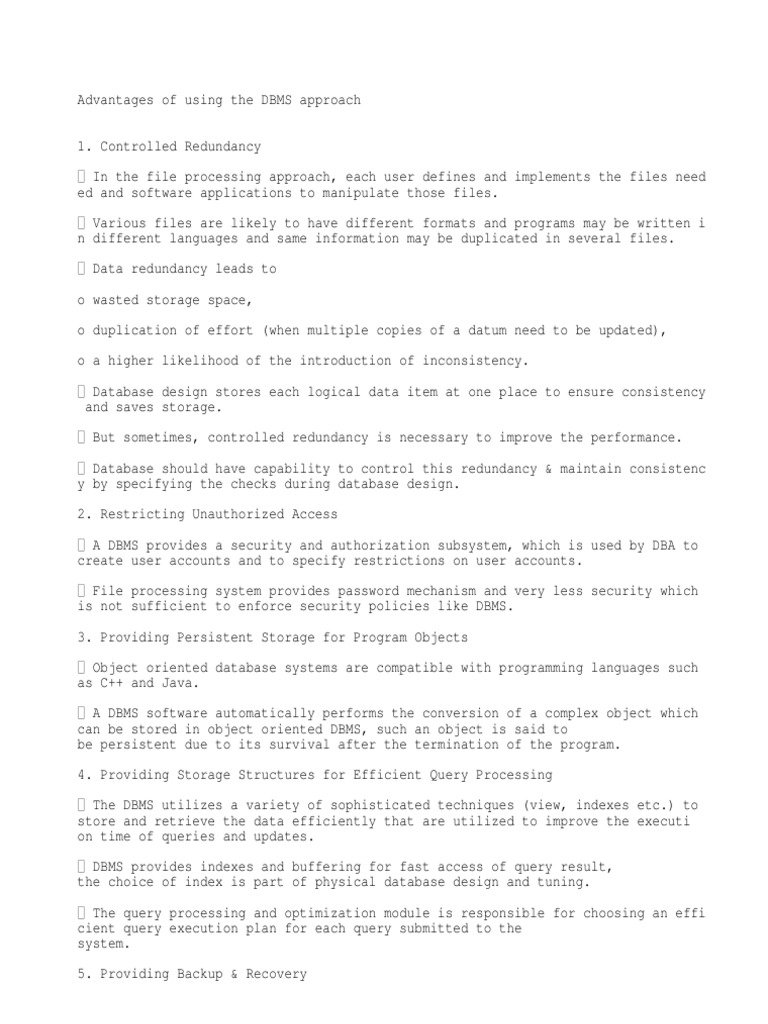 The Advantages of Using a Database Management System (DBMS) Approach ...