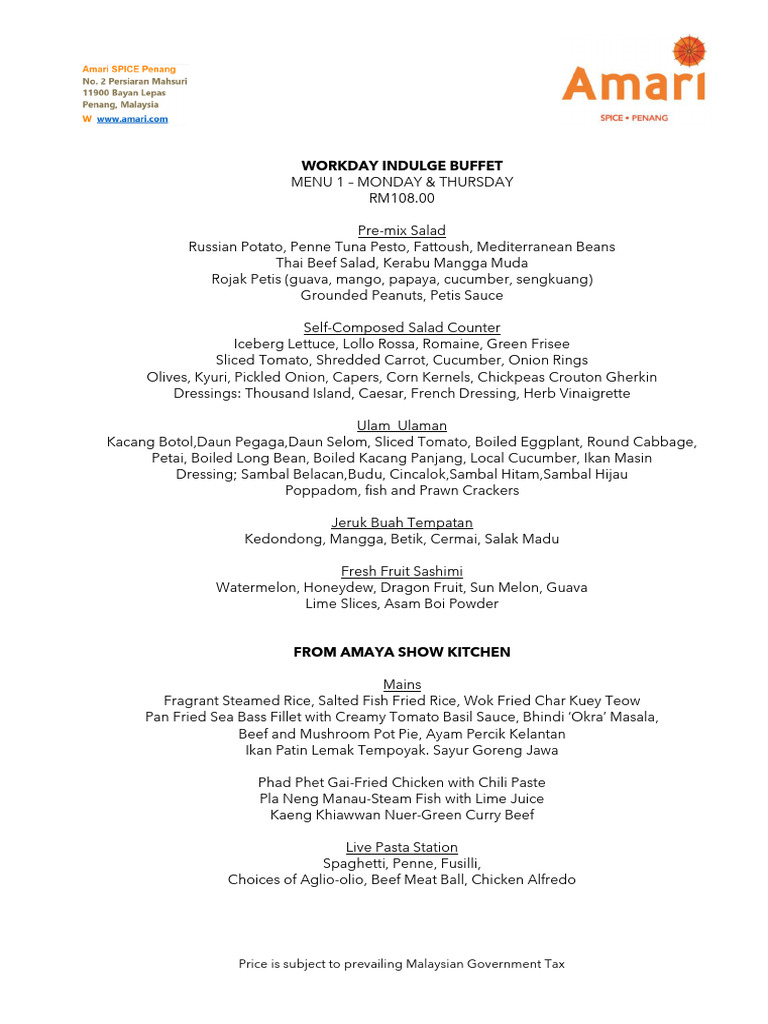 Workday Indulge Buffet Menu 1 | PDF
