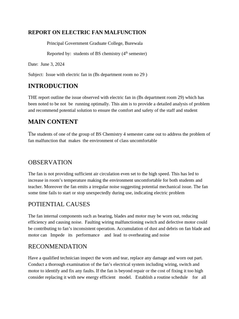 Report On Malfunctiong of Fan | PDF