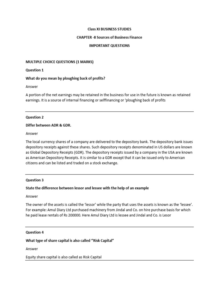 Chapter 8 - Sources of Business Finance (Test) | PDF