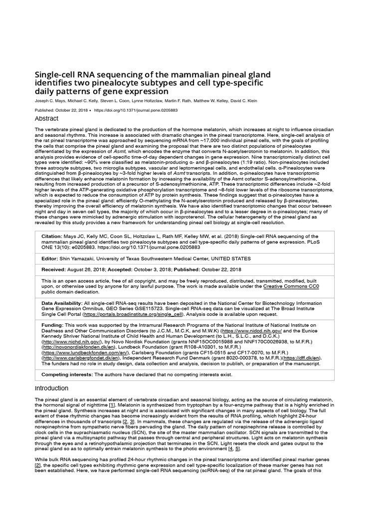 Single cell rna sequencing of the mammalian pineal gland identi es two