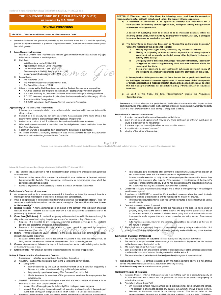 Insurance Law Reviewer Mama Gie Notes PDF Insurance Surety