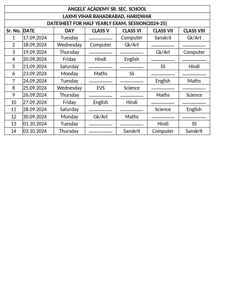 Half Yearly Datesheet 2024-25 | PDF