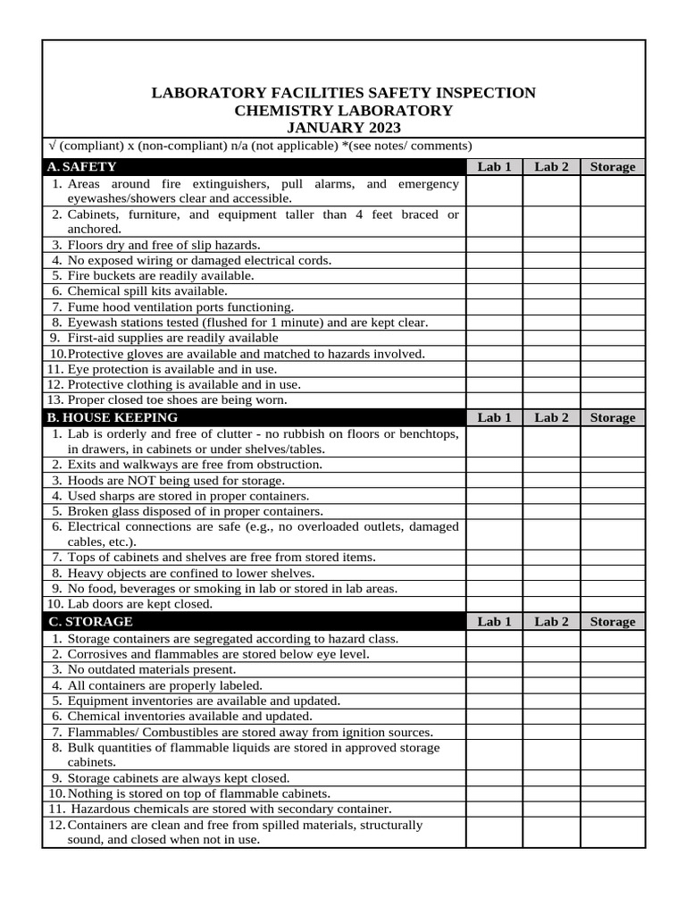 Chemistry Lab Safety Inspection Report | PDF | Laboratories ...