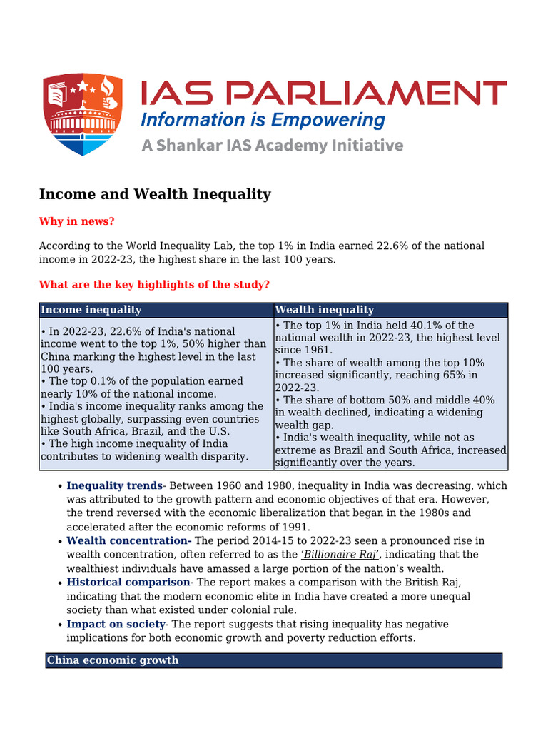 Income and Wealth Inequality: Why in News? | PDF