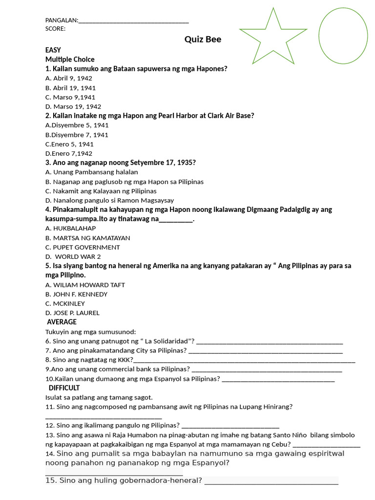 KASAYSAYAN TRIAL QUIZ BEE PDF