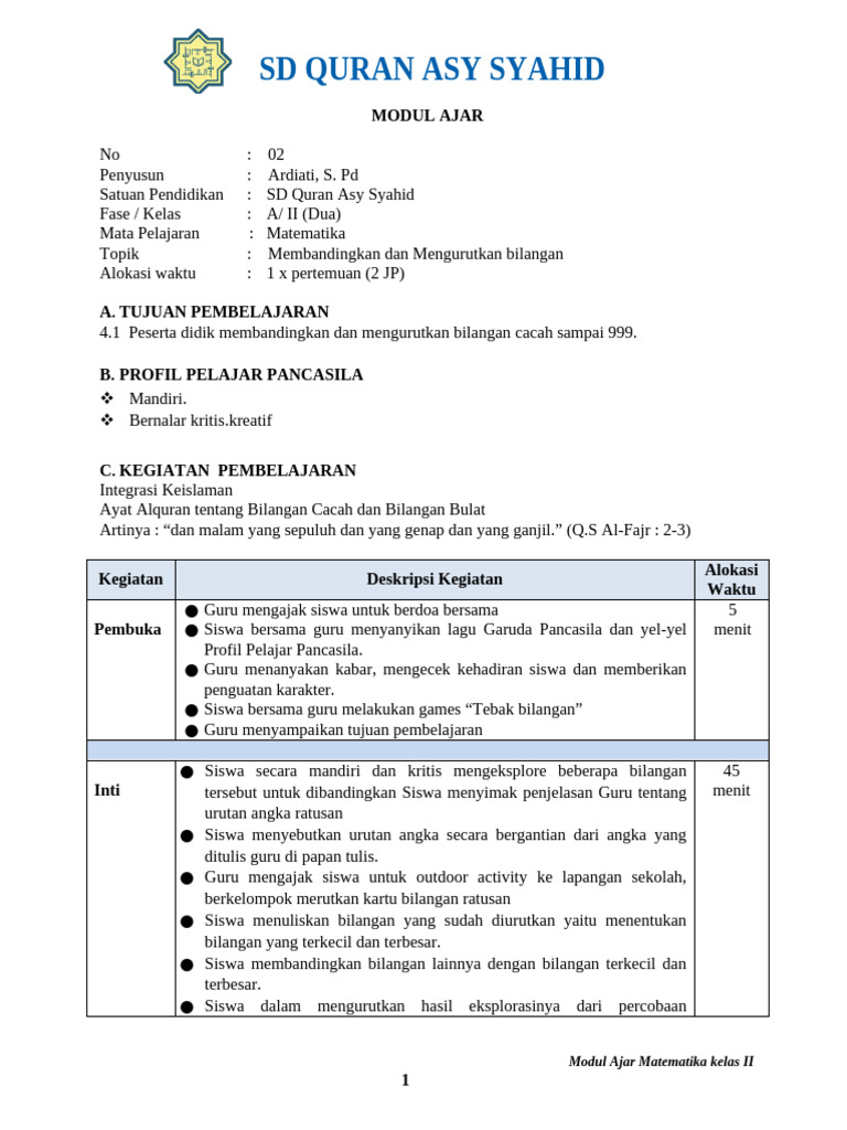 Modul Ajar Fase A Matematika Kls 2 SDQA | PDF