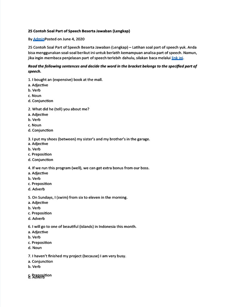 PDF 25 Contoh Soal Part of Speech Beserta Jawaban Lengkap - Compress | PDF