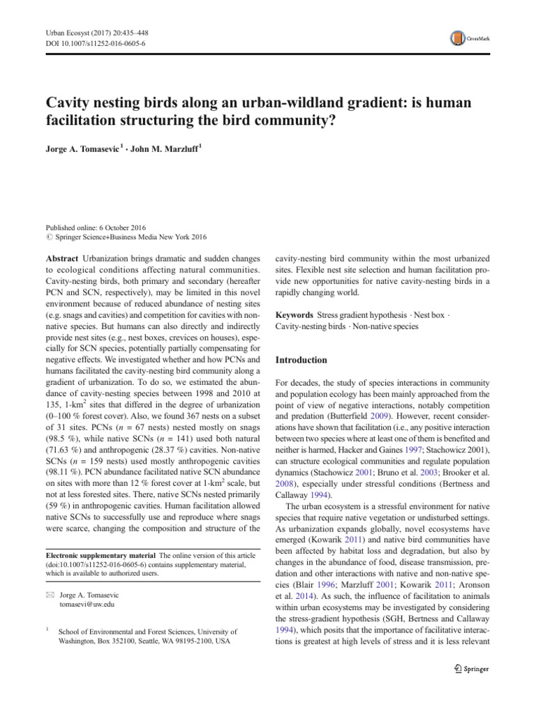 Tomasevic I Marzluff - 2017 - Cavity Nesting Birds Along An Urban ...