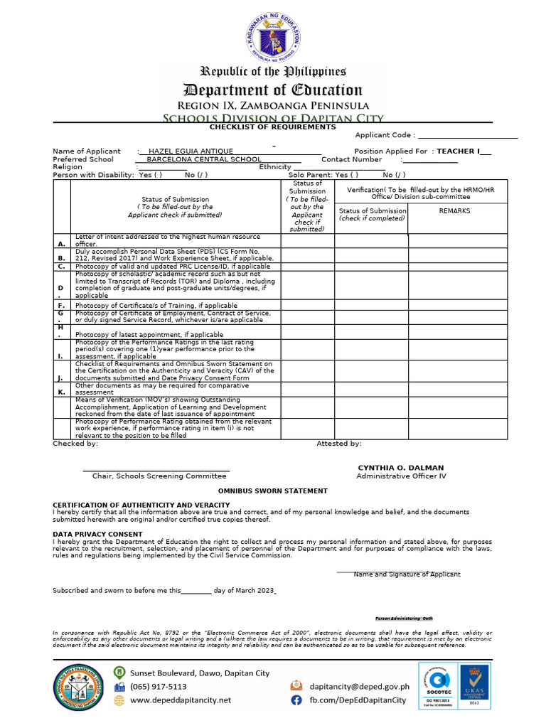 Checklist Requirements Teacher I | PDF