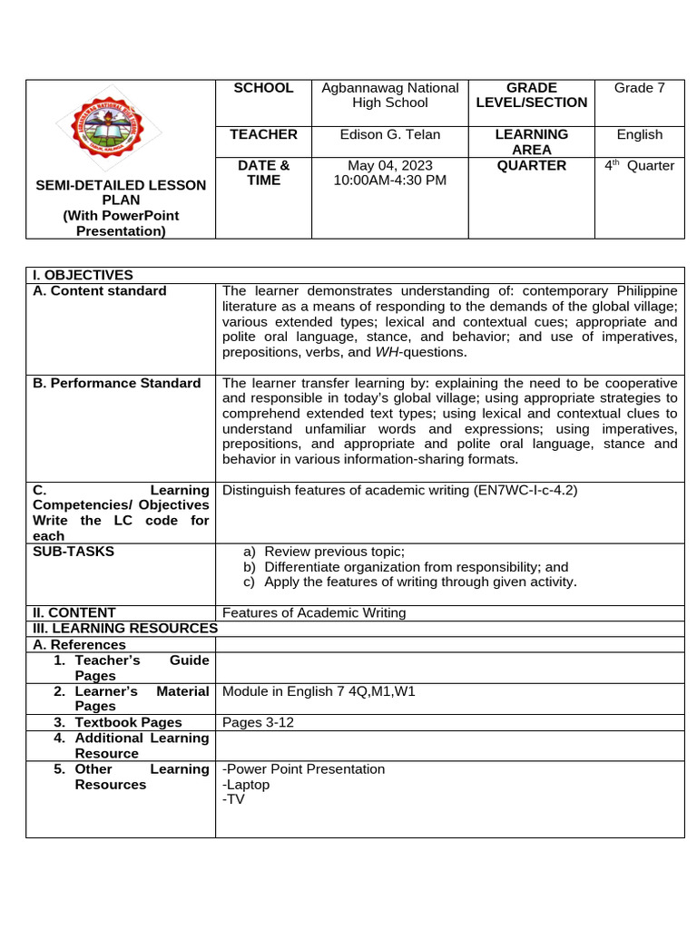 Grade 7 English Lesson Plan on Academic Writing | PDF | Learning | Essays