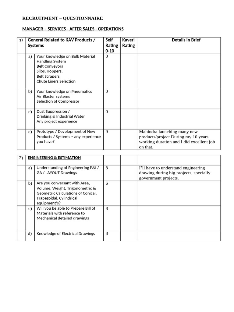 Questionnare For Service Manager - Operations | PDF