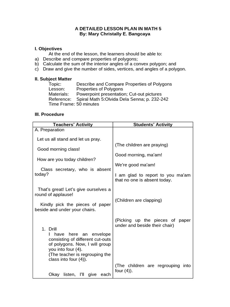 A Detailed Lesson Plan in Math 1 | PDF