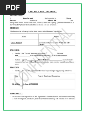 Free Template for Last Will and Testament