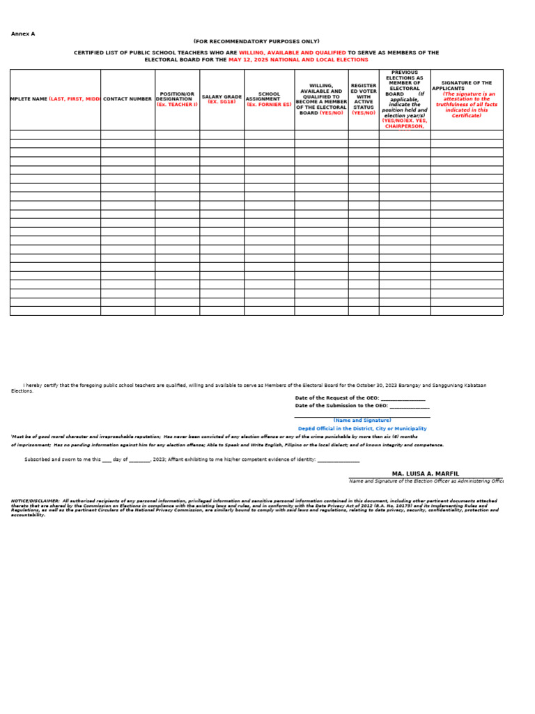 Annex A Poll Workers May 12 2025 Elections | PDF