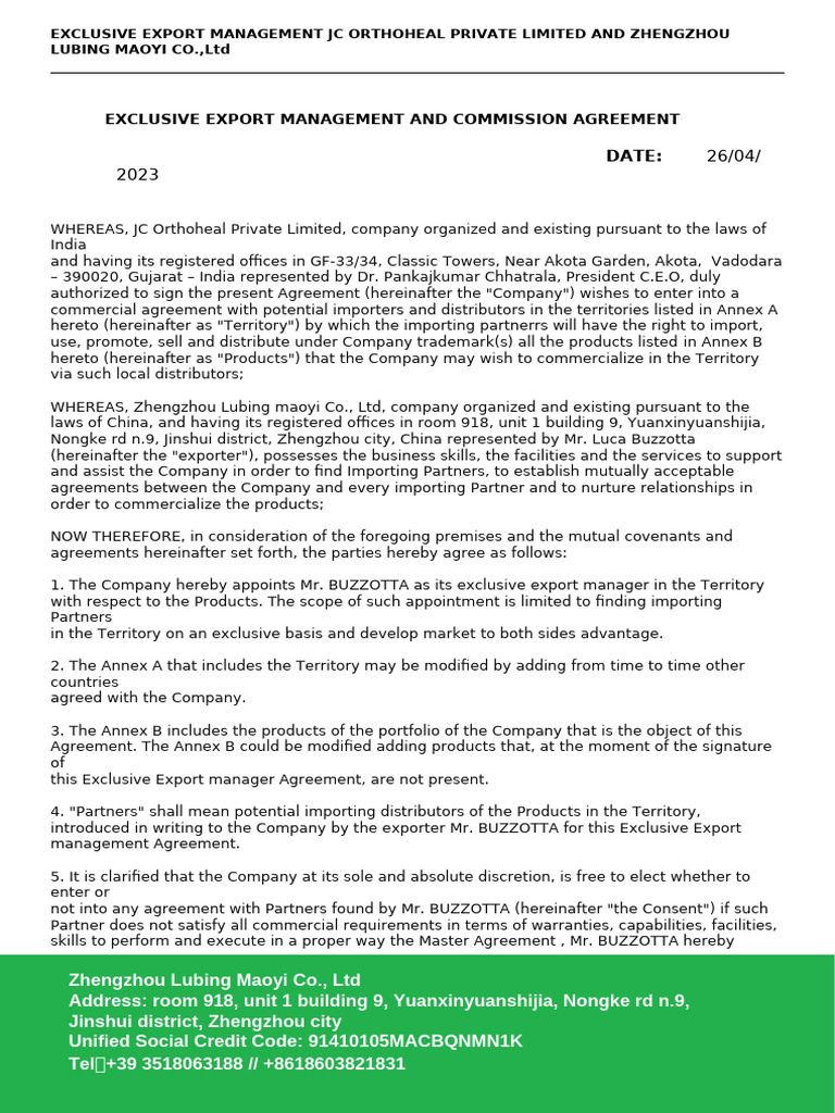 Zhengzhou Lubing Maoyi Co., LTD Export Management Agreement | PDF