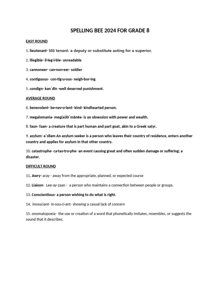 Spelling Bee 2024 For Grade 8 | PDF