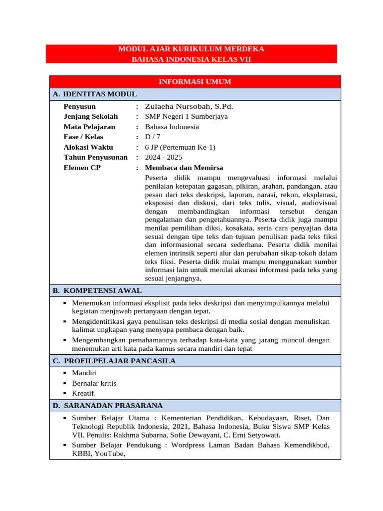 Modul Ajar Bahasa Indonesia Kelas Vii Pdf