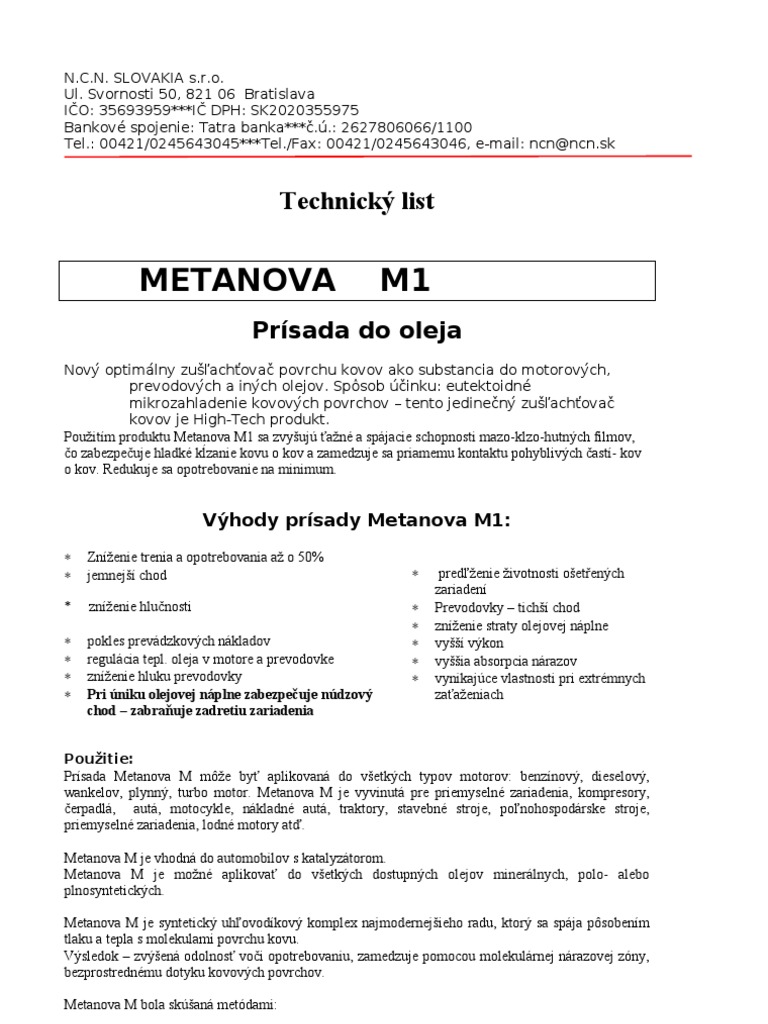 METANOVA M1 - Technický List | PDF
