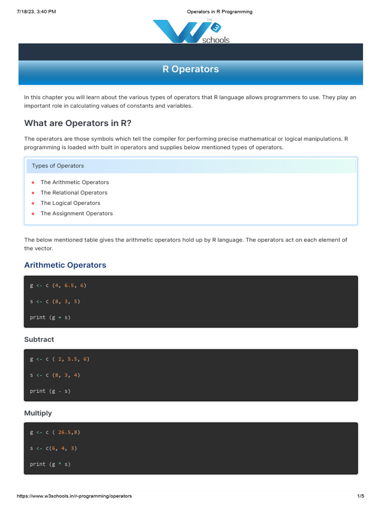 Operators in R Programming | PDF