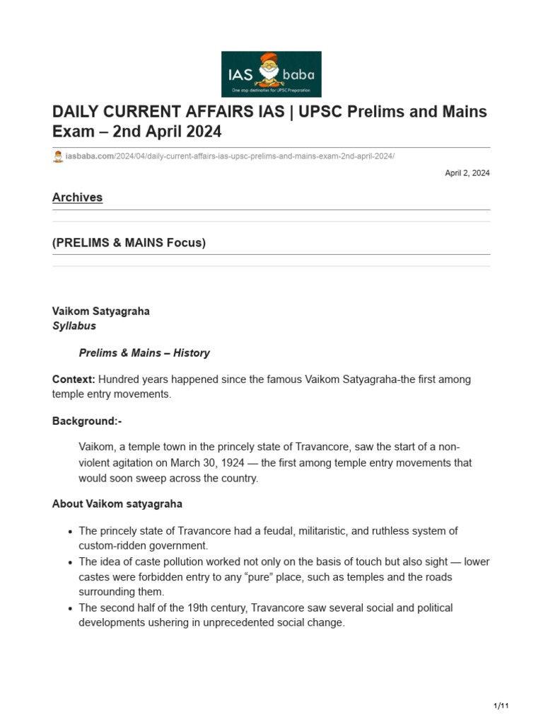 DAILY CURRENT AFFAIRS IAS UPSC Prelims and Mains Exam 2nd April 2024 | PDF