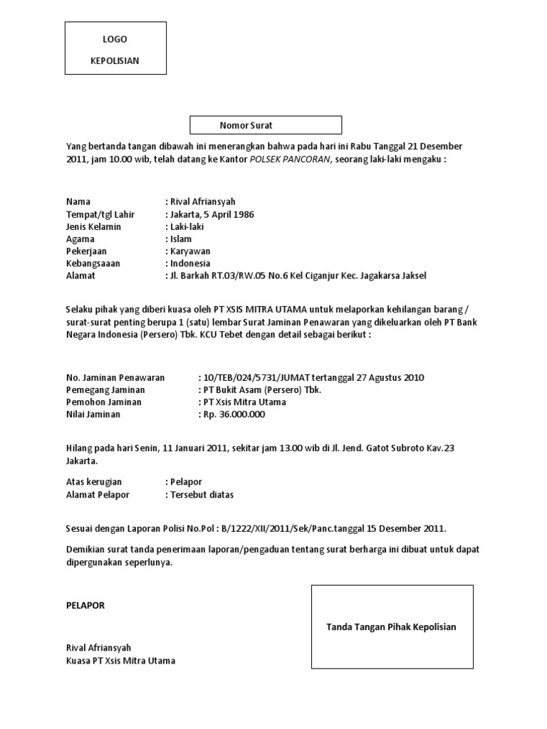 Surat Kehilangan Polisi Pdf