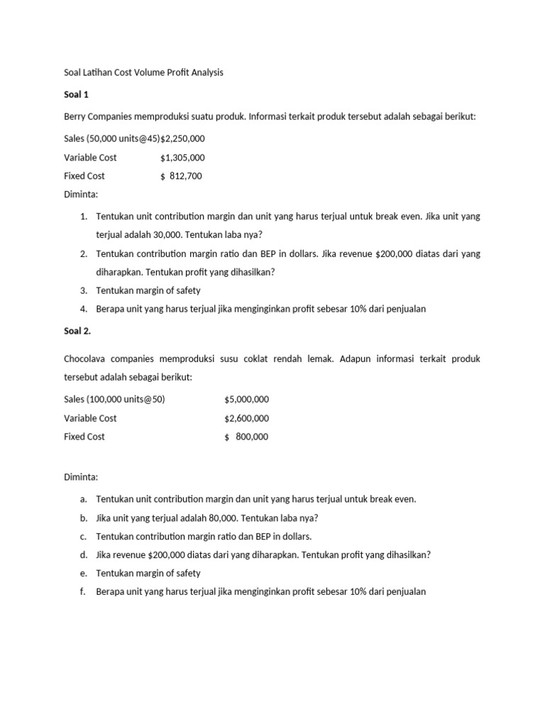 Soal Latihan Cost Volume Profit Analysis Pdf