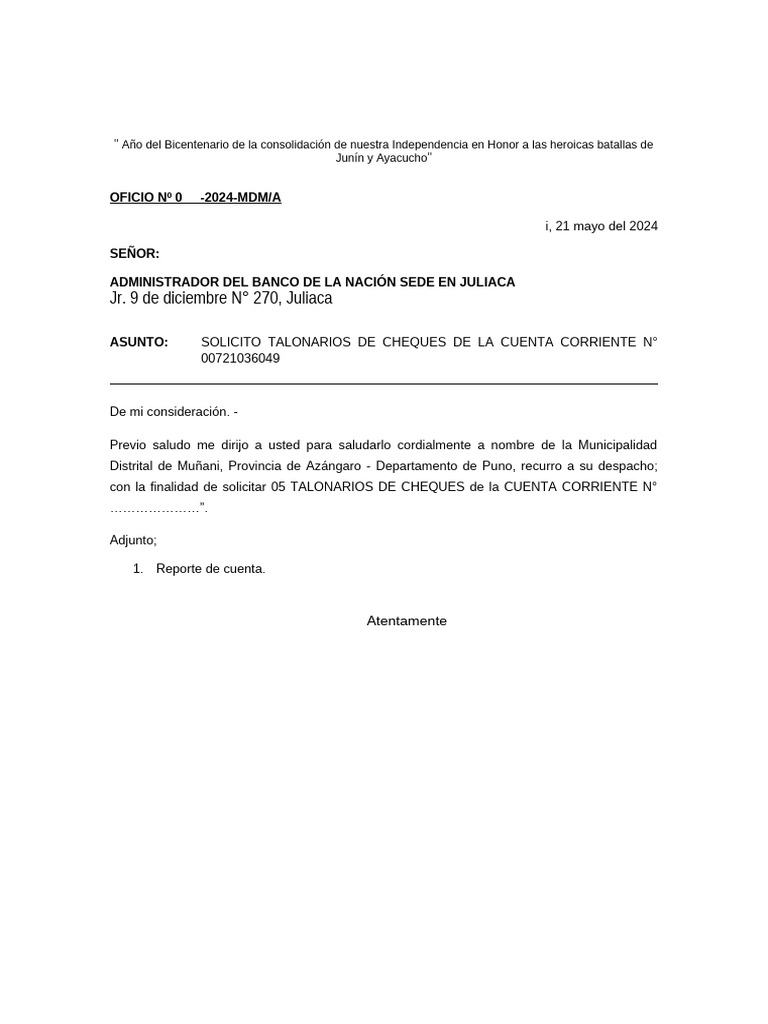 Oficio de Solicitud de Chequeras | PDF