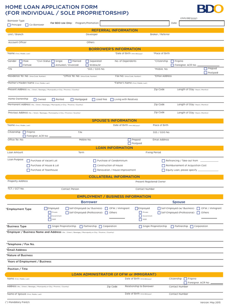 BDO Home Loan Application Form | PDF | Banks | Loans