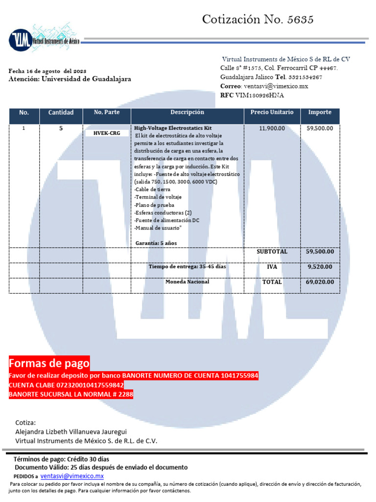 Cotizacion 5635 Cutlajomulco High Voltage Electrostatics Kit 2 Pdf