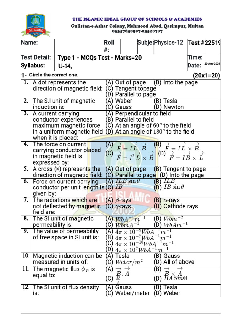 MCQs For Thursday Test 1 | PDF | Magnetic Field | Electromagnetic Induction