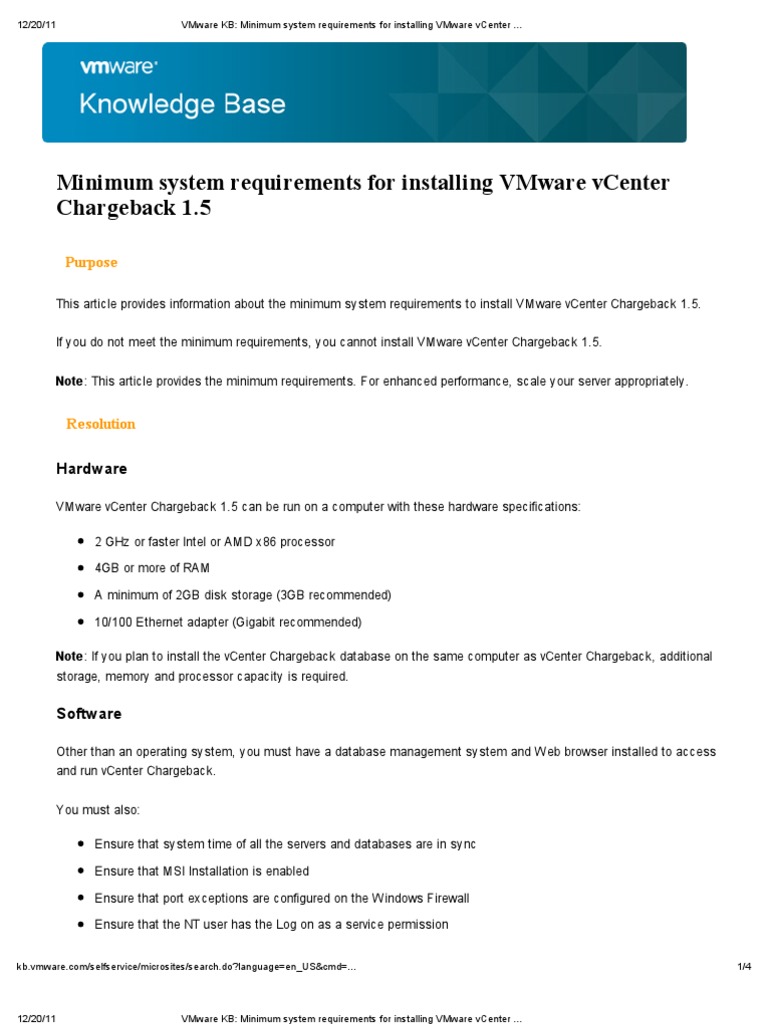 VMware KB Minimum System Requirements For Installing VMware Vcenter