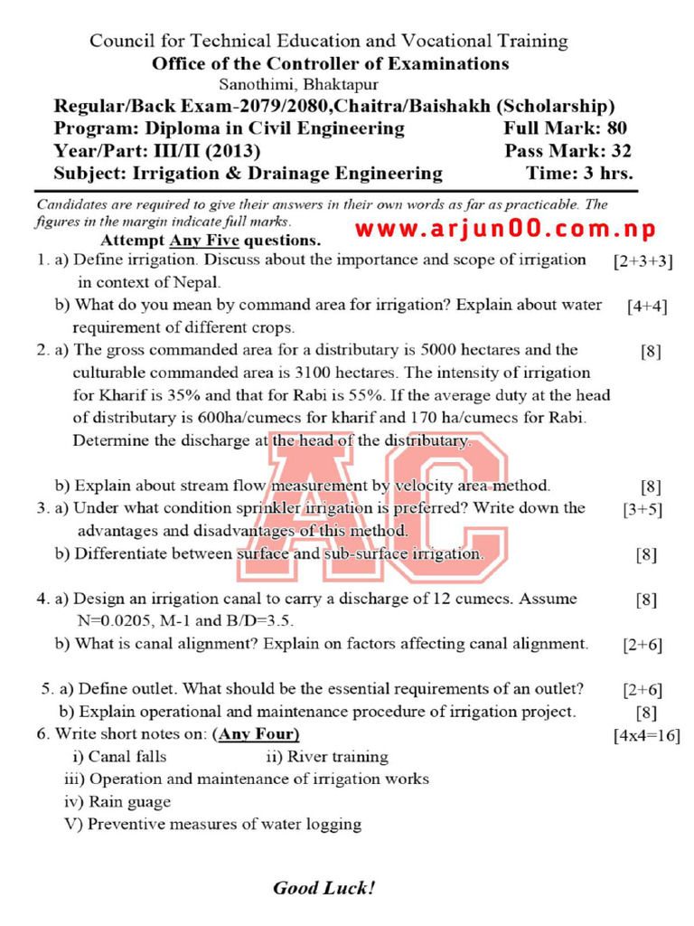 Irrigation & Drainage Engineering - 2079 | PDF