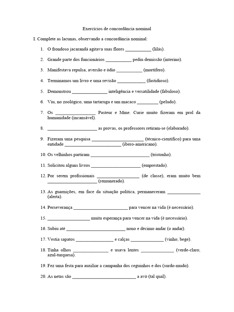Concordância Nominal Exercícios | PDF