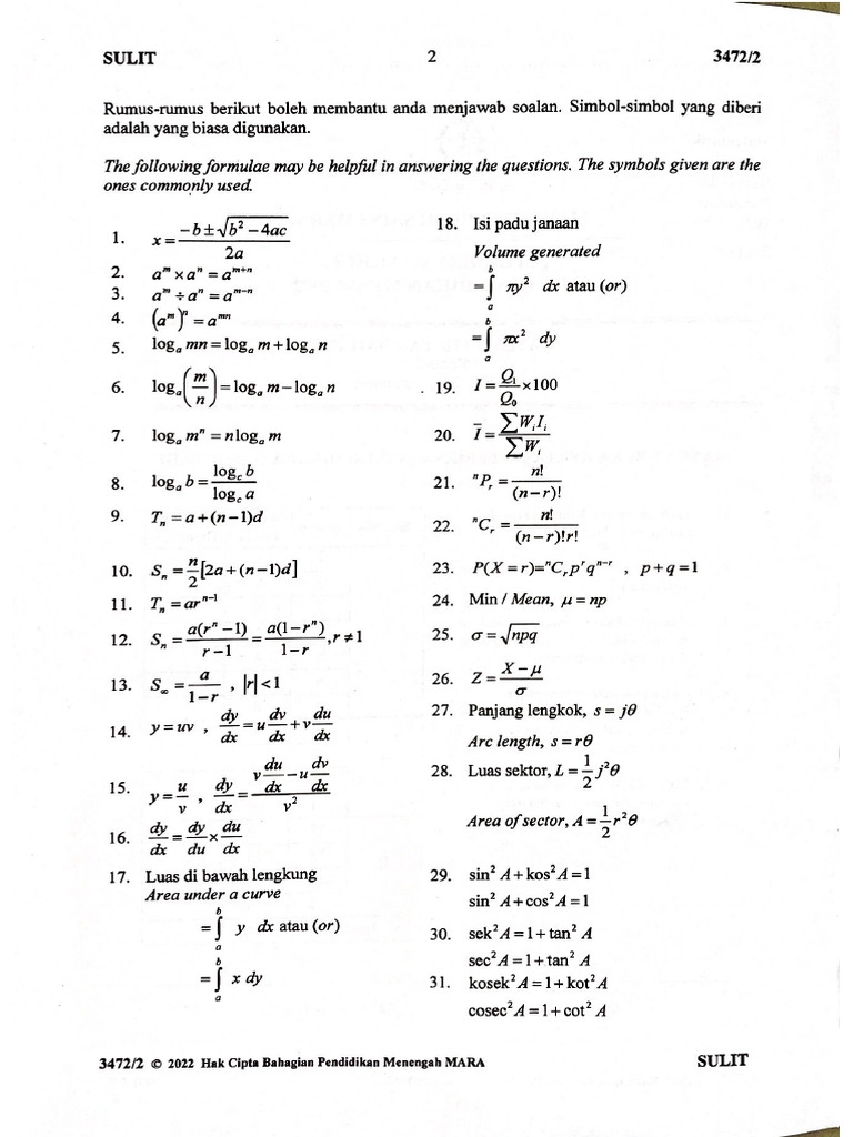 Formula Addmath (Peperiksaan) | PDF