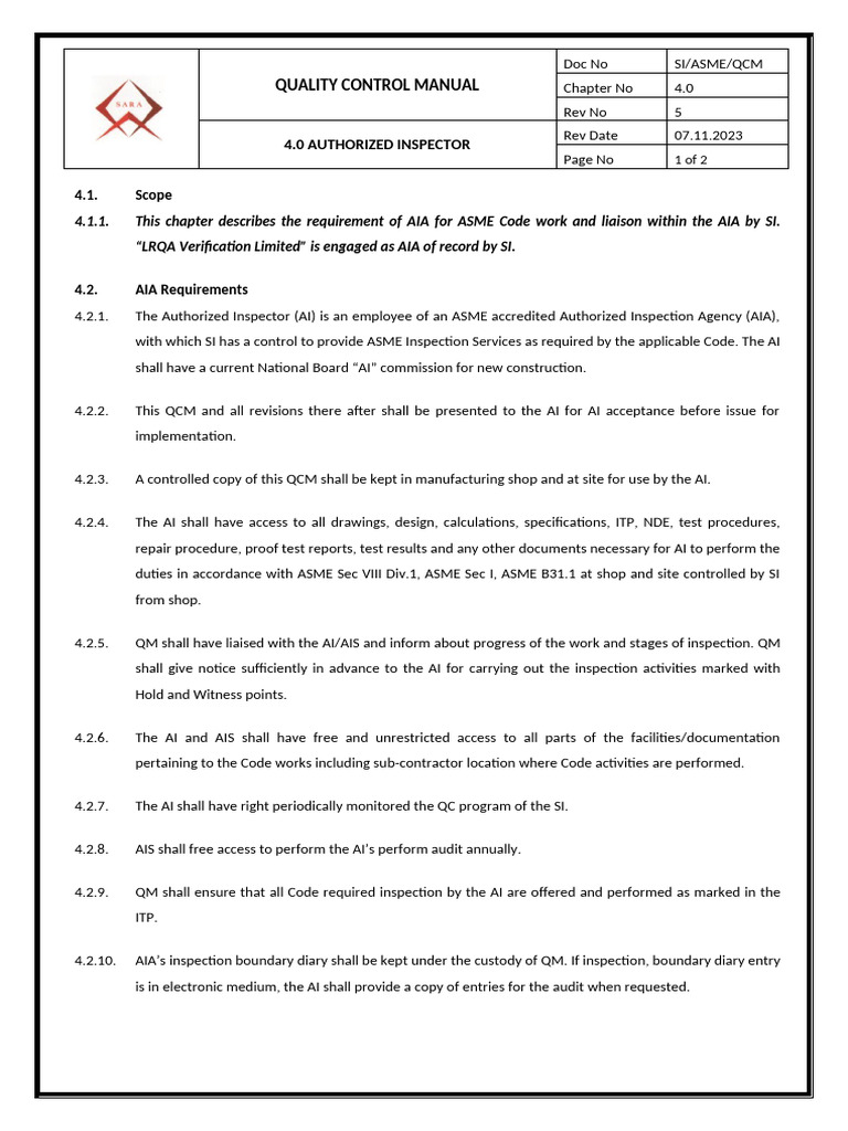 Quality Control Manual: 4.0 Authorized Inspector | PDF
